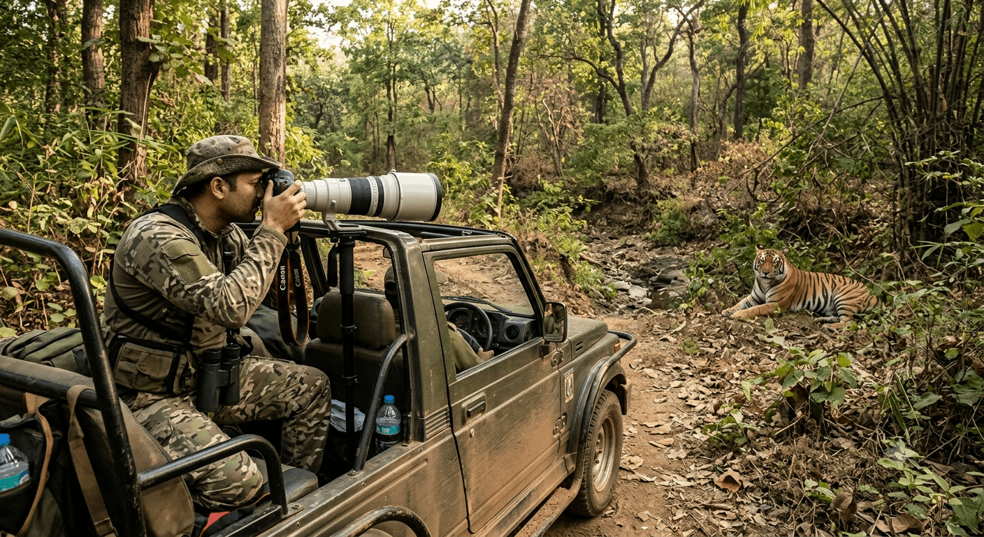 A photographer with a telephoto lens photographing a tiger from a jeep