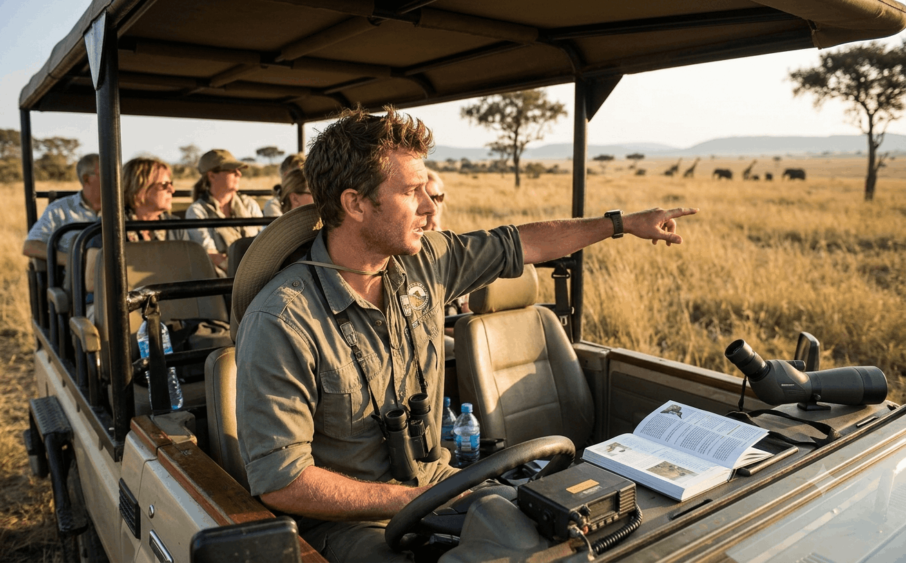 A safari guide pointing out wildlife to guests from an open safari vehicle