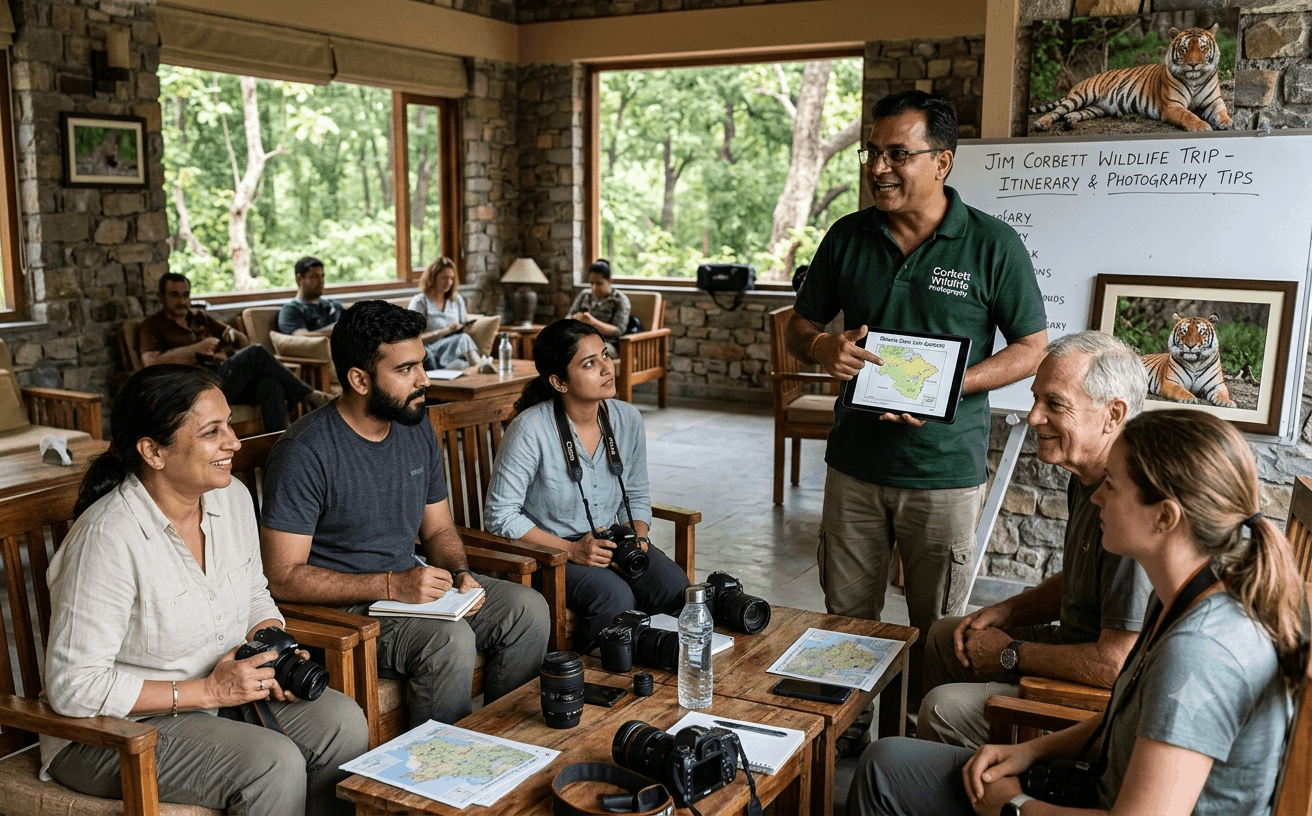 A trip manager briefing a group of travellers and photographers indoors before a wildlife trip